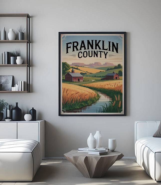 Franklin County poster featuring a pastoral landscape with fields and a barn.