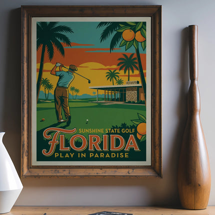 Retro Florida sunshine state golf poster with palm trees and oranges.