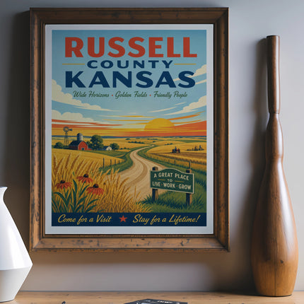 Russell County, Kansas vintage travel poster with farm scene and text.