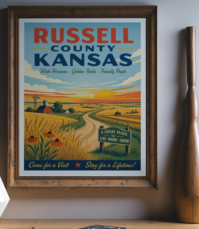 Russell County, Kansas vintage travel poster with farm scene and text.