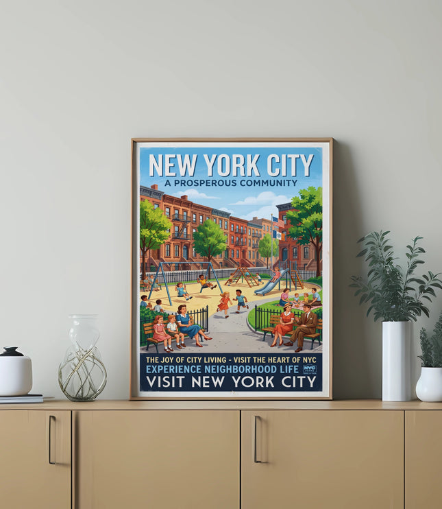New York City poster featuring a park scene with children playing and families picnicking.