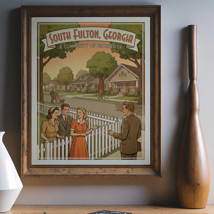 Retro poster for South Fulton, Georgia, featuring a suburban street scene.