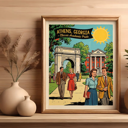 Framed illustration of Athens, Georgia historic buildings and people with "Athens, Georgia" text.