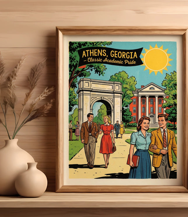 Framed illustration of Athens, Georgia historic buildings and people with "Athens, Georgia" text.