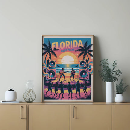 Framed "Florida Music Scene" poster with silhouetted band performing on a beach stage.