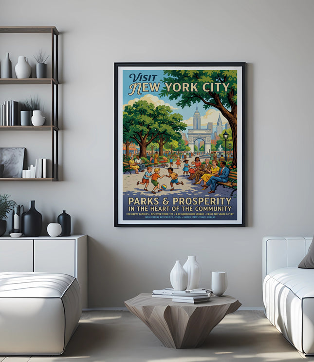 Visit New York City poster with Park scene text: "Parks & Prosperity", "In the Heart of the Community".