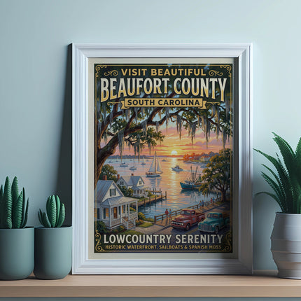 Beaufort County South Carolina poster with historic waterfront, sailboats, and Spanish moss.