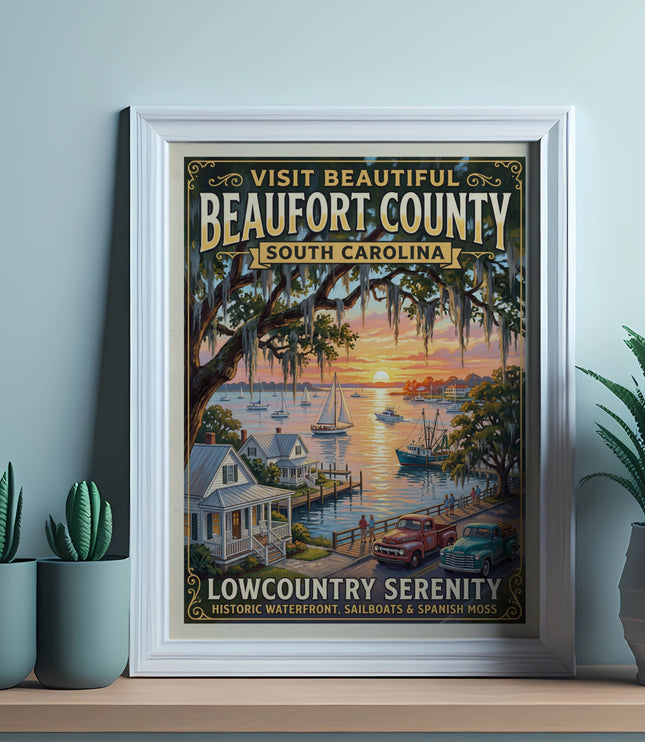 Beaufort County South Carolina poster with historic waterfront, sailboats, and Spanish moss.
