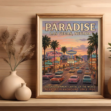 Vintage "Paradise Las Vegas, Nevada" poster with classic cars and neon signs.