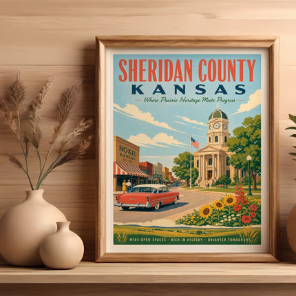 Sheridan County, Kansas travel poster with vintage car, courthouse, and sunflowers.