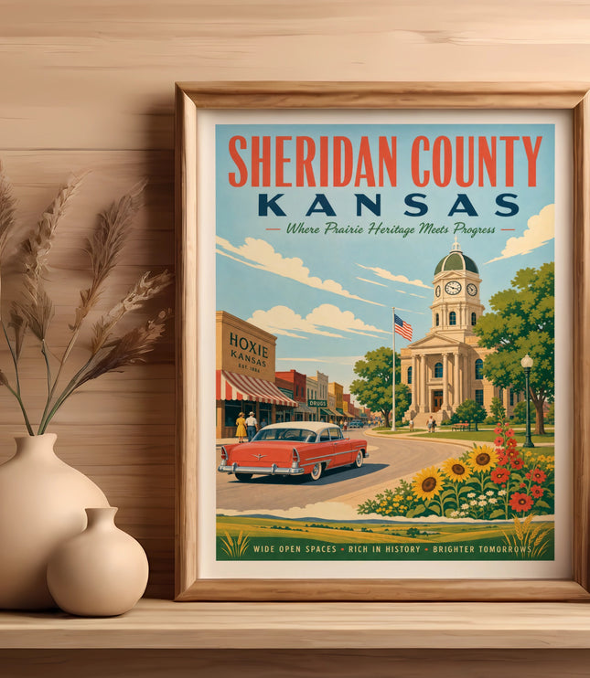 Sheridan County, Kansas travel poster with vintage car, courthouse, and sunflowers.