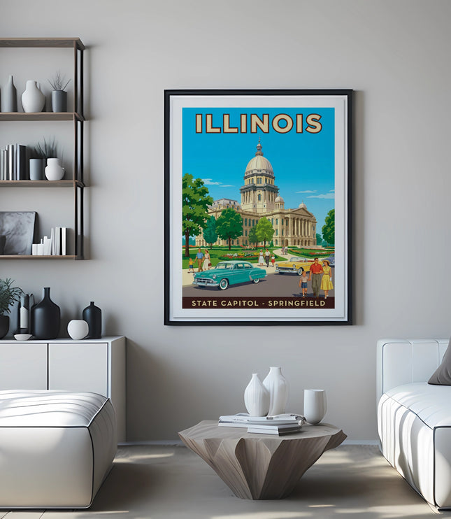 Vintage Illinois State Capitol Springfield poster featuring a building, cars, and people.