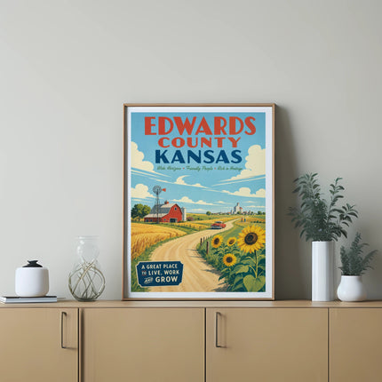 Edwards County, Kansas poster with farm, sunflowers, and text.