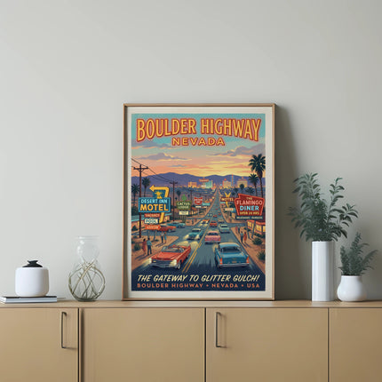 Retro Boulder Highway Nevada travel poster with neon signs and vintage cars.