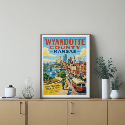 Wyandotte County Kansas travel poster with city skyline, trolley, and river.