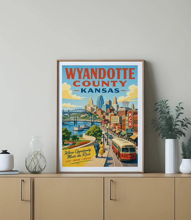Wyandotte County Kansas travel poster with city skyline, trolley, and river.