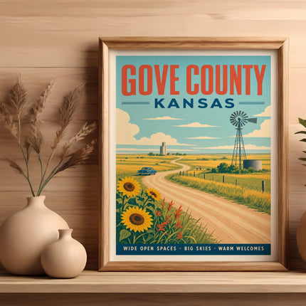 Gove County Kansas travel poster with sunflowers and windmill.