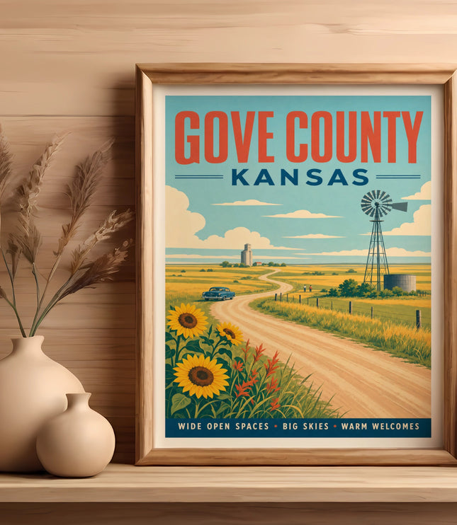 Gove County Kansas travel poster with sunflowers and windmill.