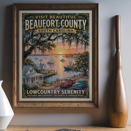Beaufort County, SC art: historic waterfront, sailboats & Spanish moss.