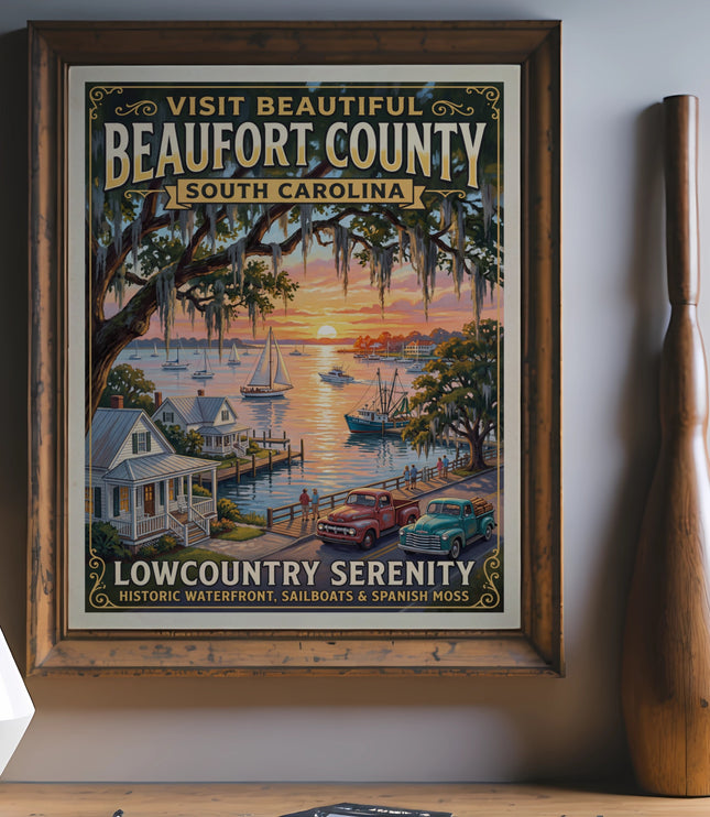 Beaufort County, SC art: historic waterfront, sailboats & Spanish moss.