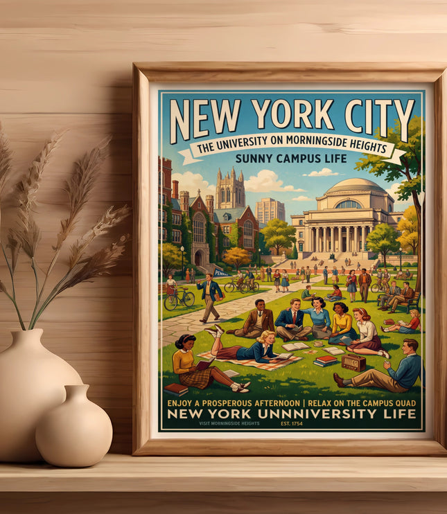 New York City University on Morningside Heights poster with students relaxing.