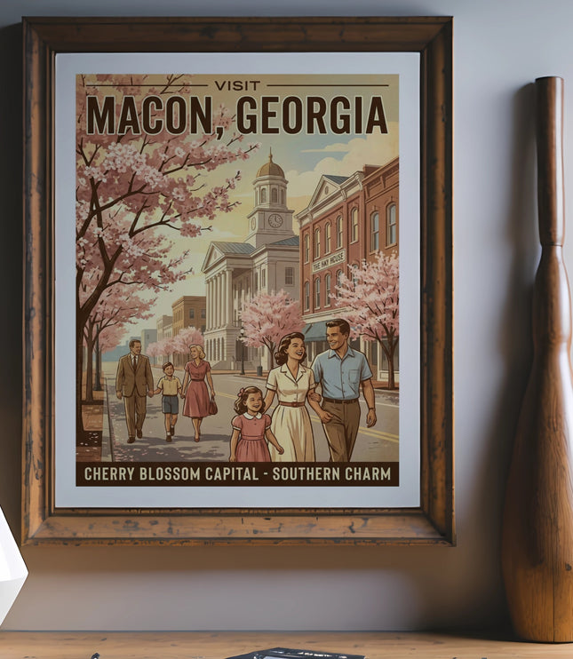 Vintage poster "Visit Macon, Georgia" with a family and cherry blossoms.