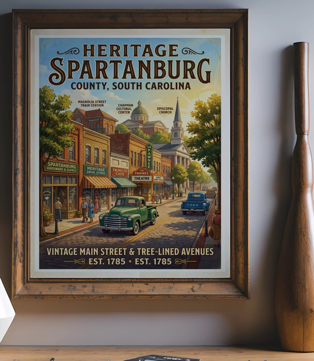 Heritage Spartanburg, South Carolina vintage main street poster EST. 1785.