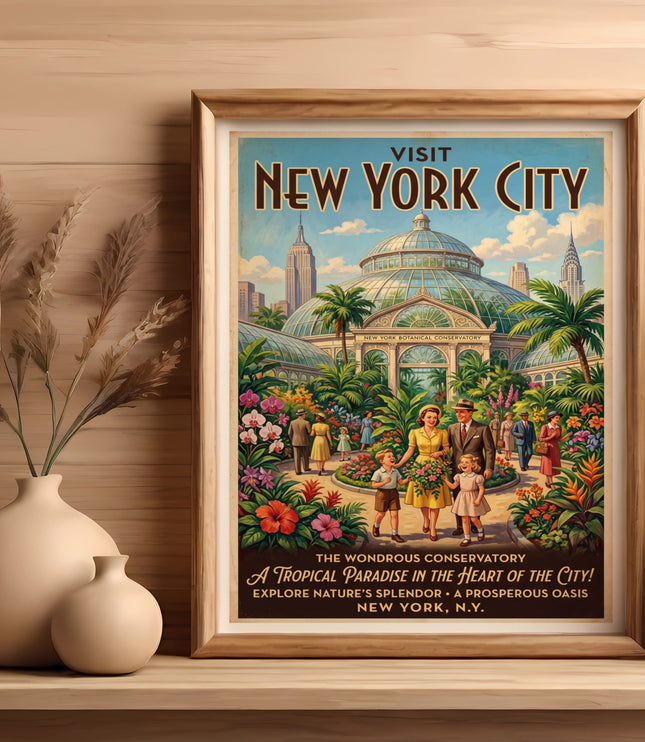 New York City vintage travel poster featuring conservatory and skyline.