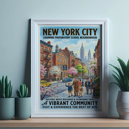 New York City vintage poster of a charming school neighborhood with historic buildings.