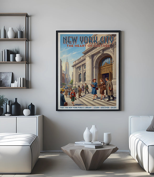 Vintage New York City poster featuring the Public Library and Empire State Building.
