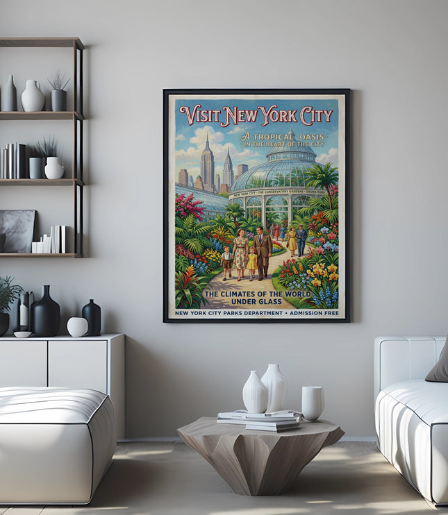 "Visit New York City" poster showing a family at a conservatory garden.