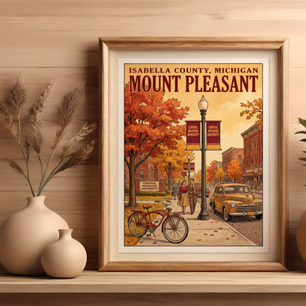 Vintage poster of Mount Pleasant, Michigan, with autumn trees and Central Michigan University buildings.