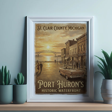 St. Clair County, Michigan poster depicts Port Huron's historic waterfront at sunset.