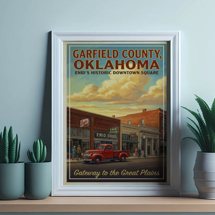 Garfield County, Oklahoma Enid's Historic Downtown Square poster with red truck.