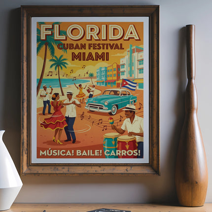 Florida Cuban Festival Miami poster with people dancing and cars.