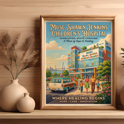 MUSC Shawn Jenkins Children's Hospital poster with family, vintage car, and bridge.