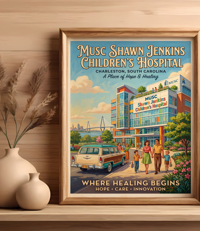 MUSC Shawn Jenkins Children's Hospital poster with family, vintage car, and bridge.