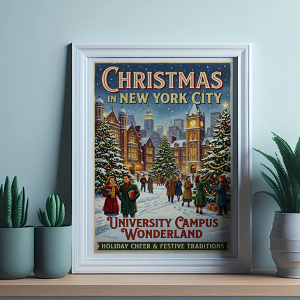 Christmas in New York City poster with holiday cheer and festive traditions.