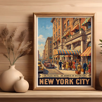 New York City poster with Plaza Hotel advertisement on wooden shelf.