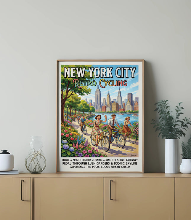 New York City retro cycling poster showing people biking by a lush garden and skyline.