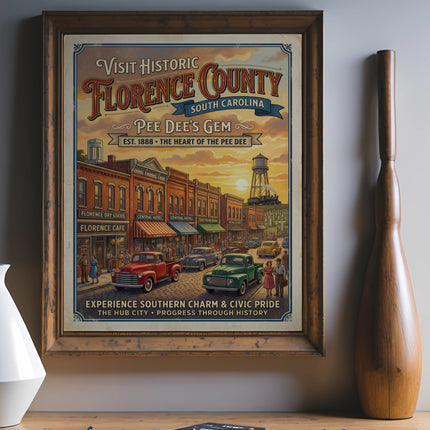 Vintage poster showing Florence County, South Carolina, with retro cars and buildings.