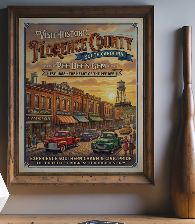 Vintage poster showing Florence County, South Carolina, with retro cars and buildings.