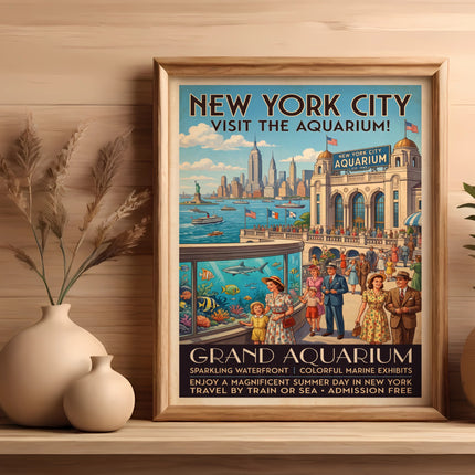 New York City Grand Aquarium vintage travel poster with people and marine life.