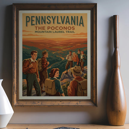 Vintage Pennsylvania "The Poconos Mountain Laurel Trail" travel poster with hikers.