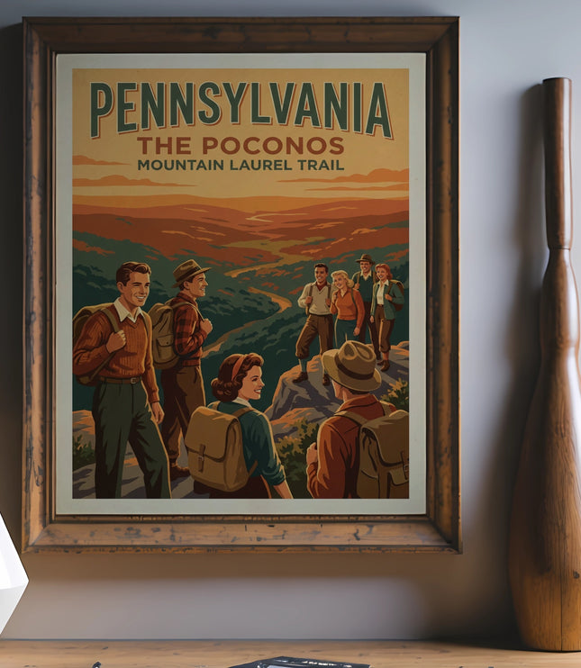 Vintage Pennsylvania "The Poconos Mountain Laurel Trail" travel poster with hikers.
