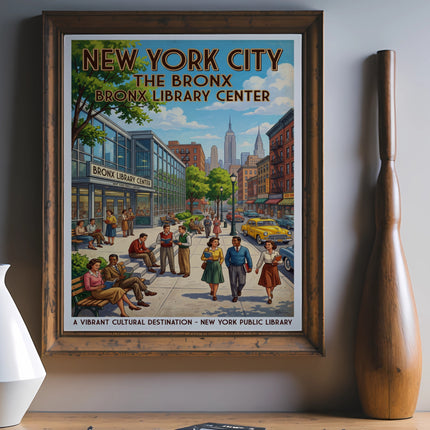 New York City Bronx Library Center vintage poster with people and yellow car.