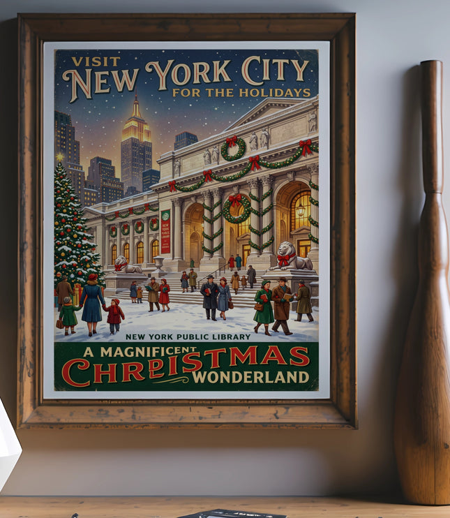 Vintage poster: Visit New York City for the Holidays at public library, Christmas wonderland.