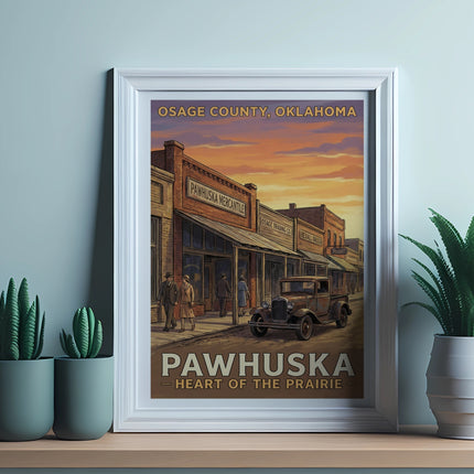 Vintage Pawhuska, Oklahoma art with mercantile, truck, and sunset.