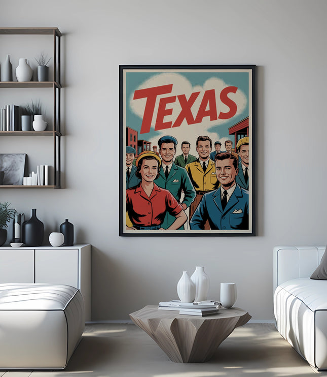 Framed retro poster with "TEXAS" in large red letters above smiling people.