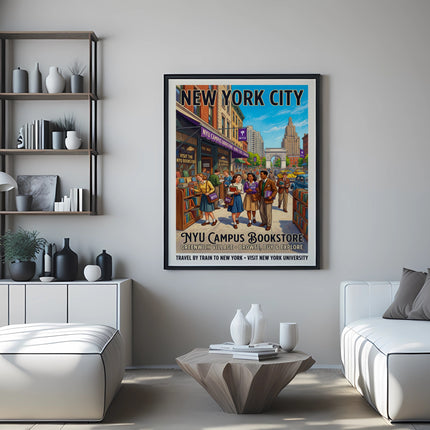 New York City NYU Campus Bookstore poster with people browsing books.